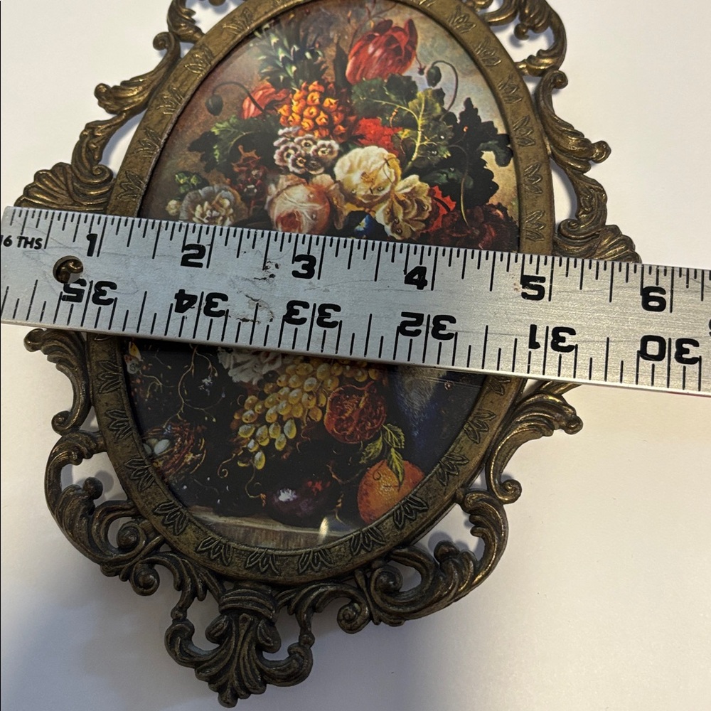 Ornate Vintage Brass Frame with Floral Print Behind Bubble Glass Made in Italy - Picture 7 of 7